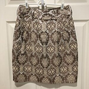 VTG Elie Tahari Brocade Gray Brown Cream Lined Pleated High Waisted Skirt Size 6